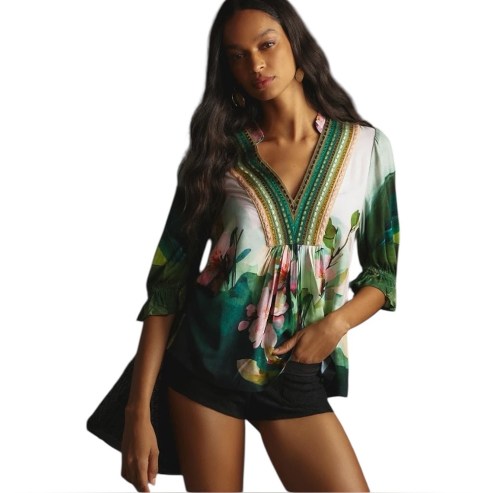 Anthropologie Green and Pink Floral Blouse